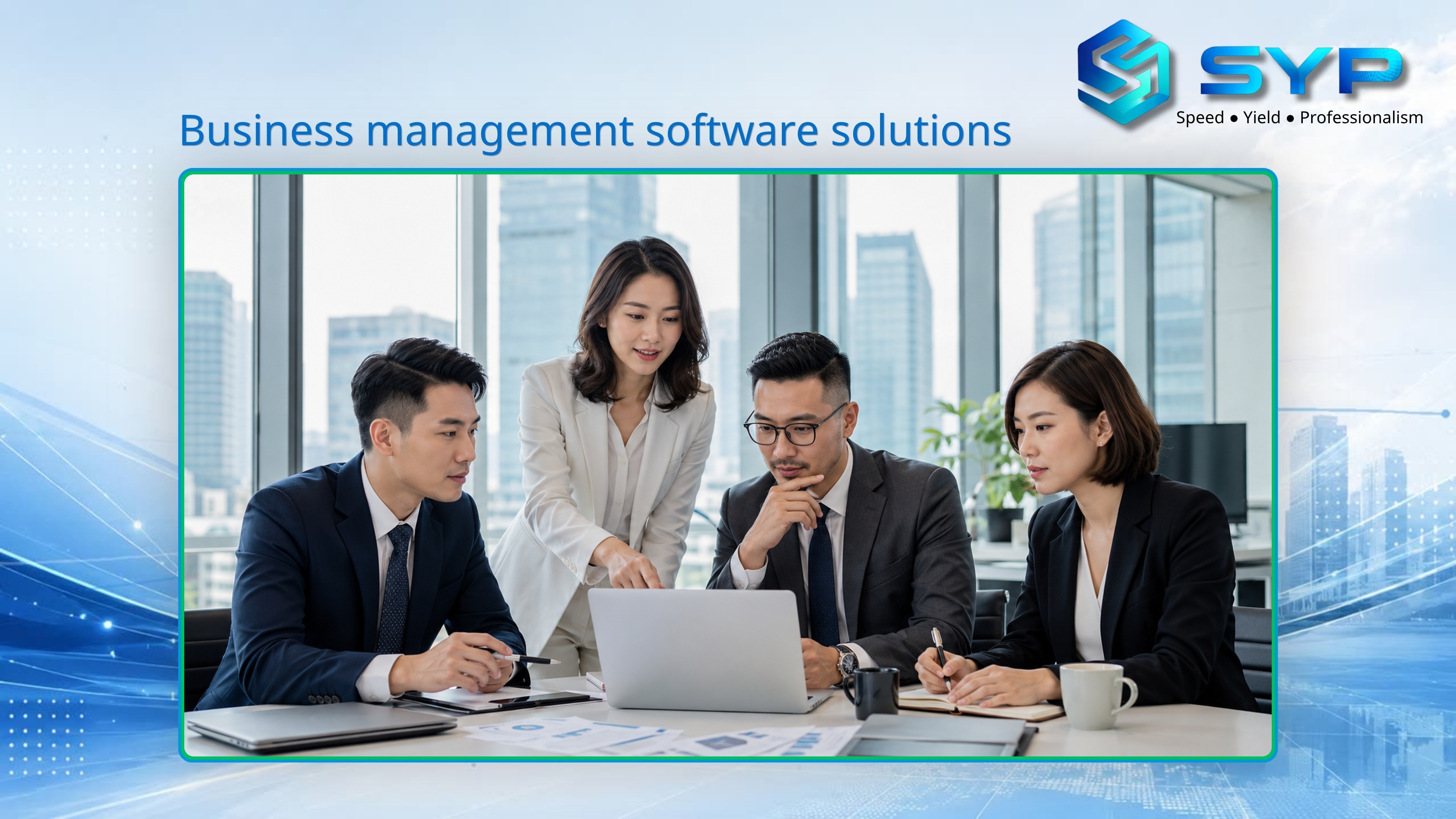 Đội ngũ doanh nhân nam nữ chuyên nghiệp trong văn phòng hiện đại, đại diện cho tinh thần tốc độ hiệu quả và chuyên nghiệp của SYP