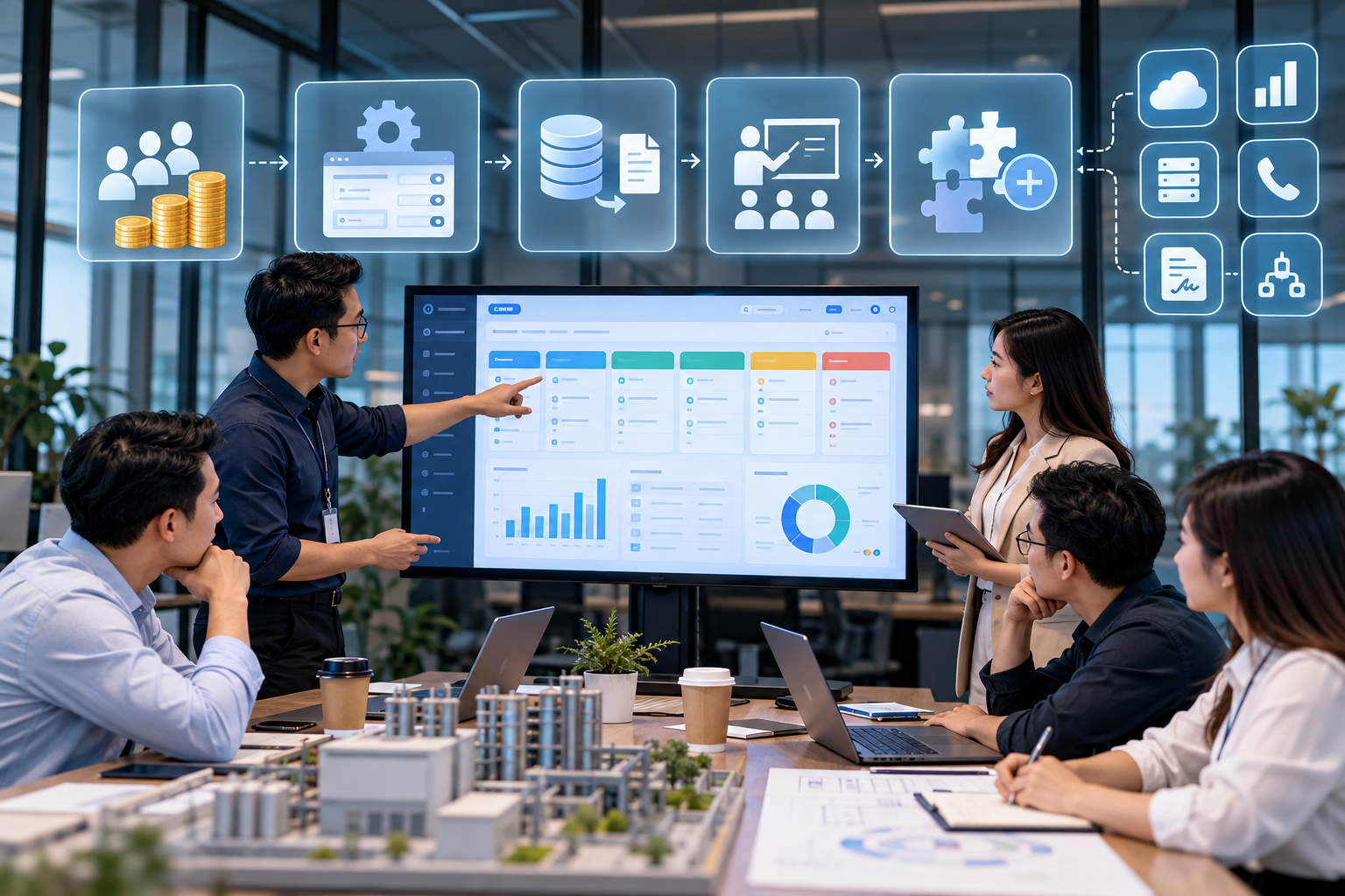 Đội ngũ doanh nghiệp phân tích các khoản chi phí triển khai CRM, từ license người dùng, cấu hình hệ thống, chuyển dữ liệu, đào tạo đến tùy chỉnh và tích hợp mở rộng.