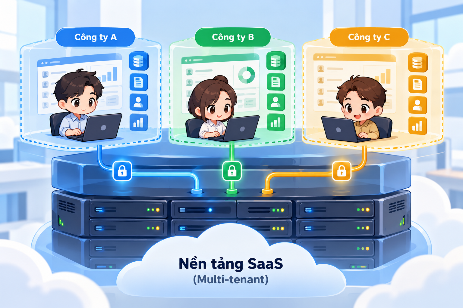 Minh họa mô hình SaaS multi-tenant, trong đó nhiều doanh nghiệp dùng chung một nền tảng hạ tầng nhưng dữ liệu và quyền truy cập của từng doanh nghiệp vẫn được cô lập riêng biệt.