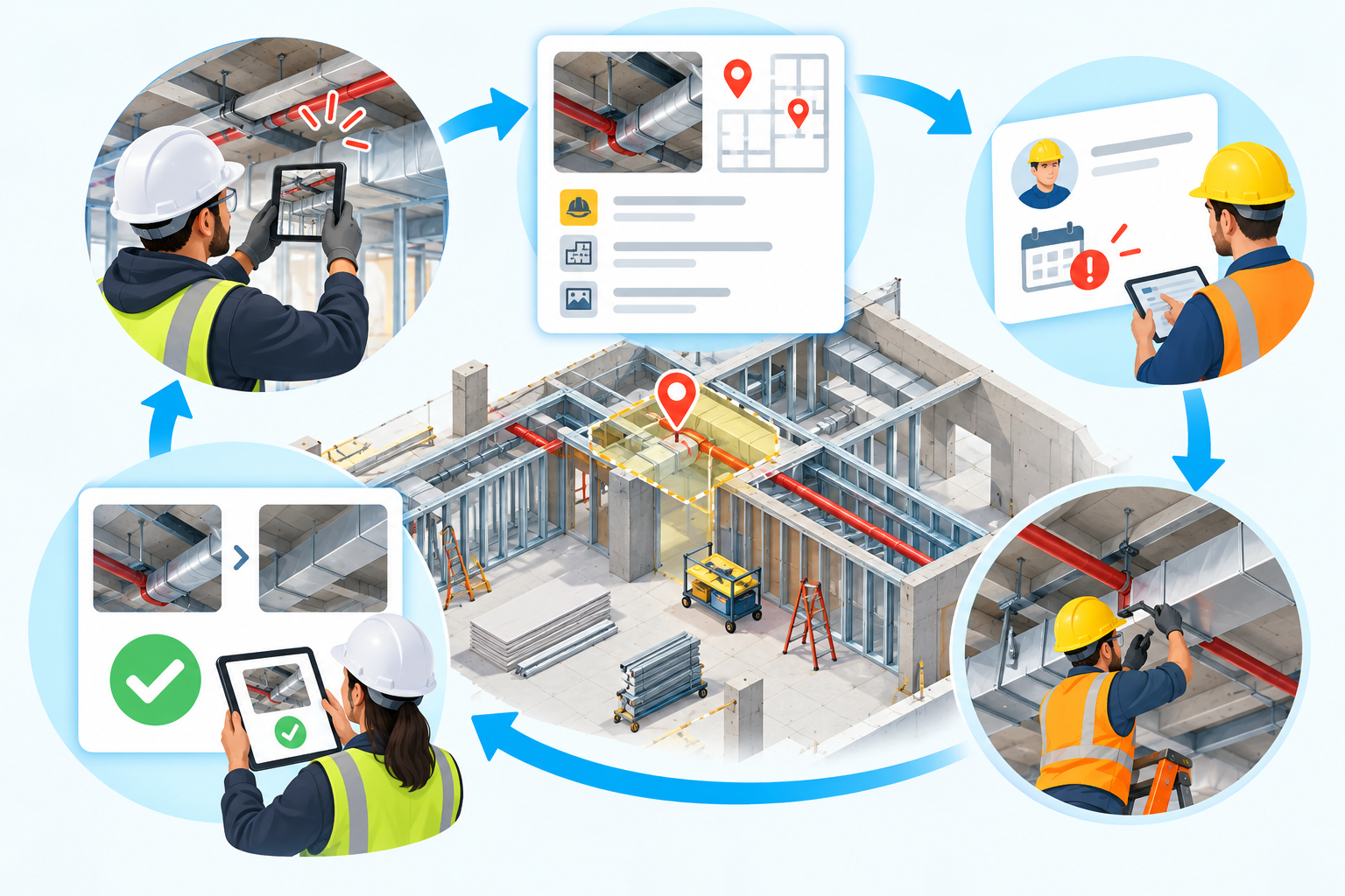 Minh họa quy trình quản lý khép kín một vấn đề ngoài công trường, từ lúc phát hiện và ghi nhận vị trí, giao người xử lý, cập nhật kết quả đến khi xác nhận hoàn tất bằng hình ảnh thực tế.
