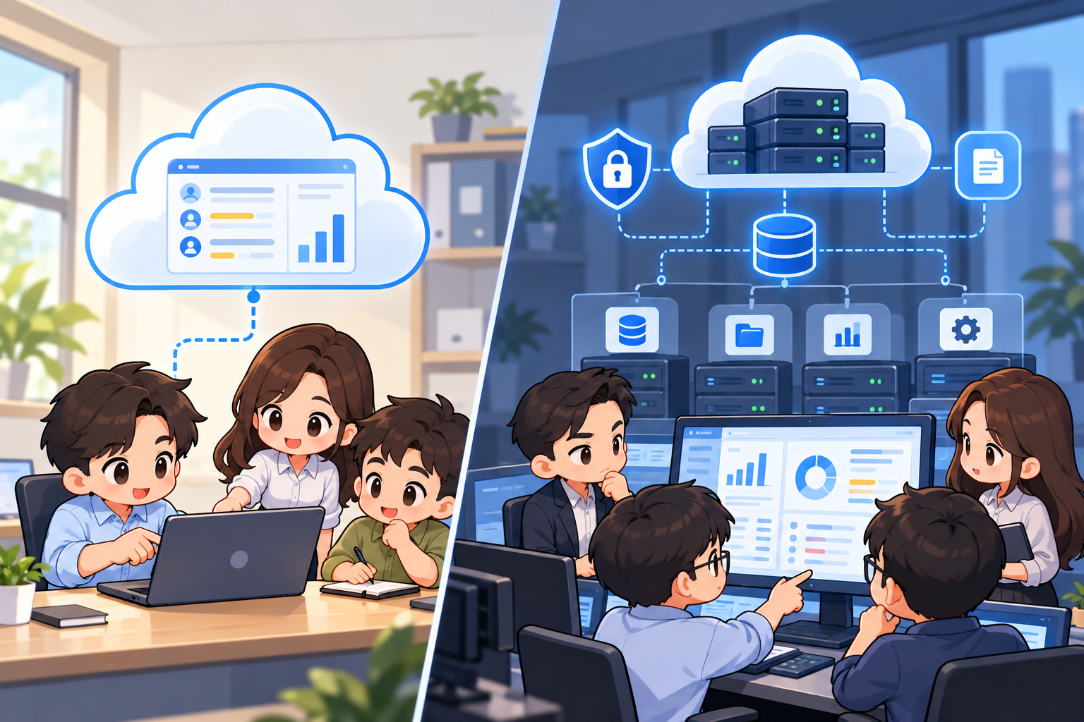 Minh họa sự khác biệt về mức độ kiểm soát CRM giữa doanh nghiệp nhỏ và doanh nghiệp lớn, cho thấy kiến trúc bảo mật nên tăng dần theo giá trị dữ liệu, độ phức tạp vận hành và mức độ phụ thuộc vào hệ thống.