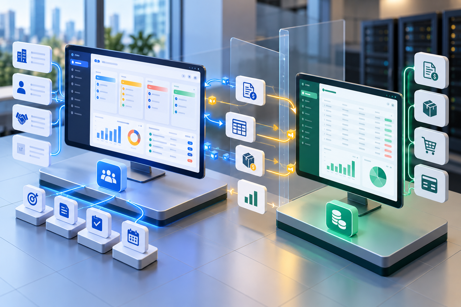 Minh họa CRM và phần mềm kế toán được kết nối để trao đổi dữ liệu nhưng vẫn giữ vai trò riêng, tránh biến CRM thành một hệ thống ERP thứ hai.