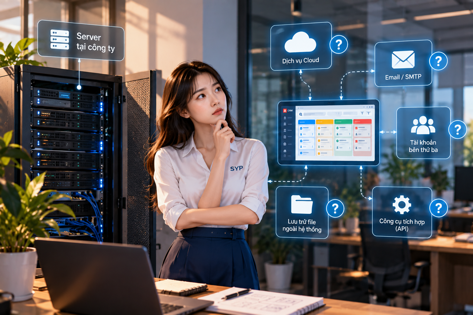 Server đặt tại công ty nhưng CRM vẫn có thể phụ thuộc vào cloud, email, lưu trữ file, API và tài khoản bên thứ ba.