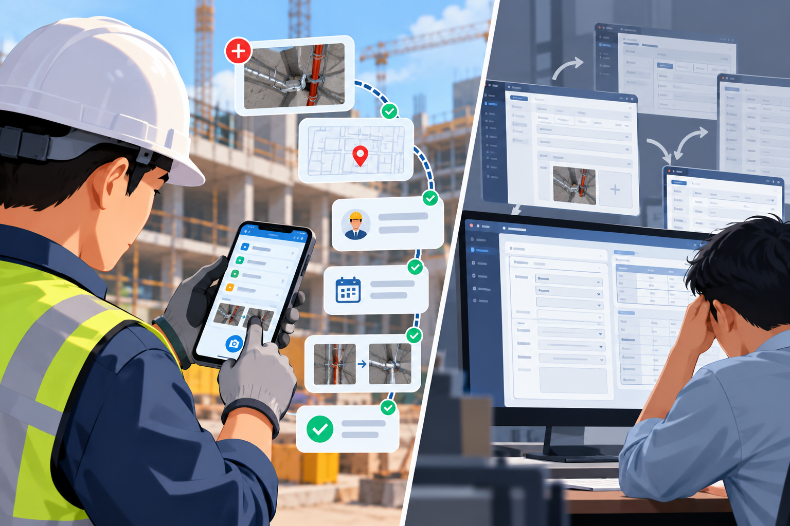 Minh họa giao diện mobile dành cho kỹ thuật công trường với thao tác nhanh như cập nhật trạng thái, chụp ảnh, ghi nhận vấn đề và hoàn tất công việc, đối lập với giao diện desktop nhiều biểu mẫu và chức năng quản lý phức tạp.
