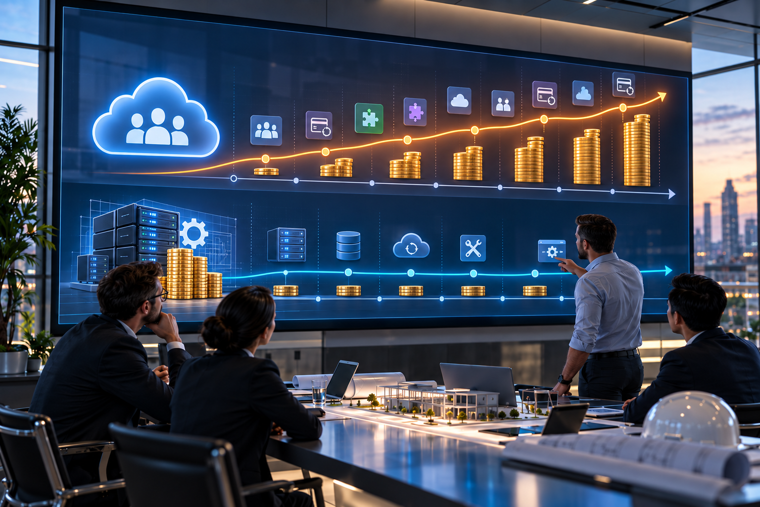 Đội ngũ doanh nghiệp theo dõi một biểu đồ so sánh chi phí giữa CRM SaaS và CRM custom, cho thấy SaaS tiếp tục tăng theo thời gian còn custom tập trung chi phí lớn ở giai đoạn đầu rồi ổn định hơn từ các năm sau.