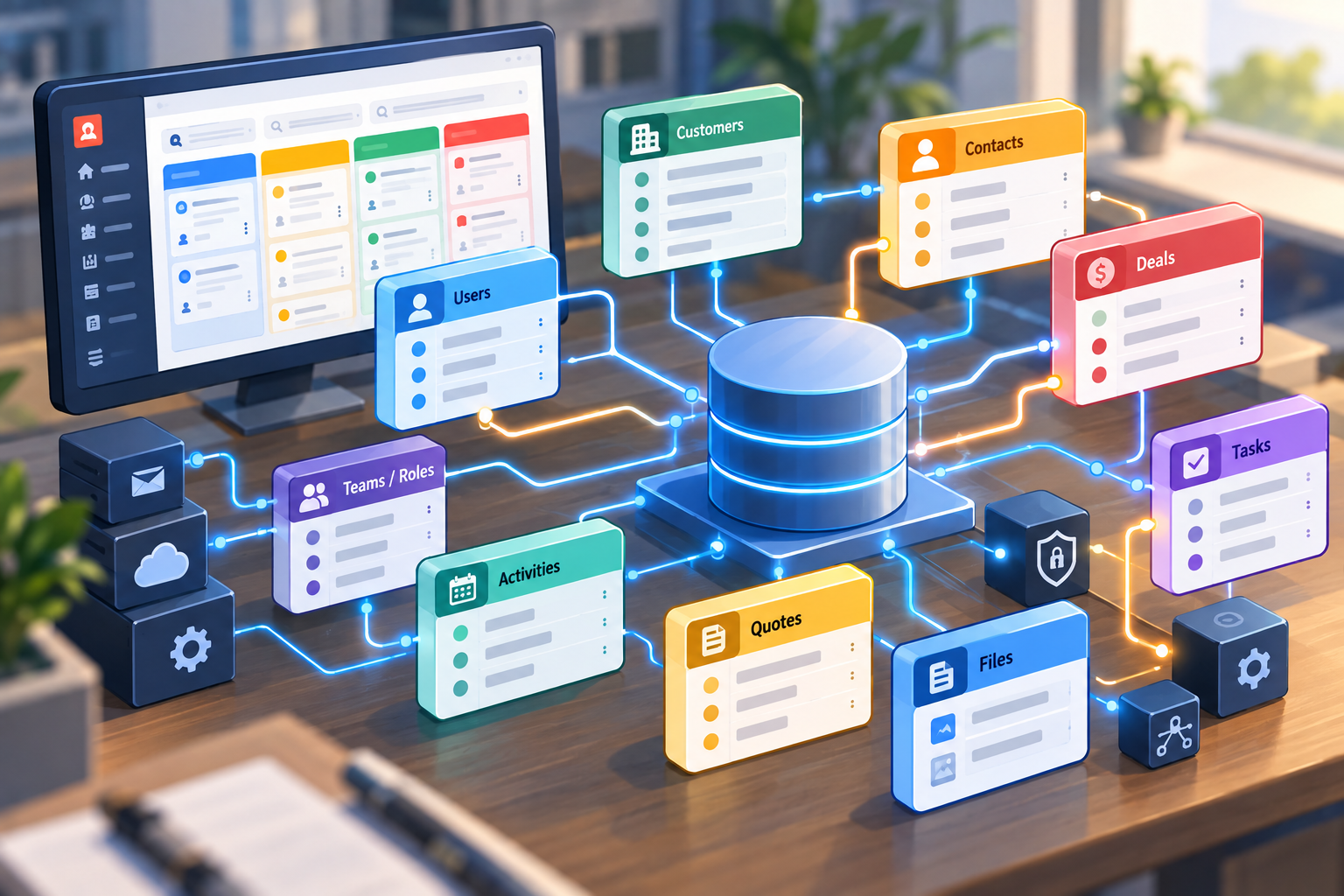 Data model kết nối khách hàng, liên hệ, deal, công việc, báo giá, file, hoạt động và phân quyền thành một hệ thống CRM thống nhất.
