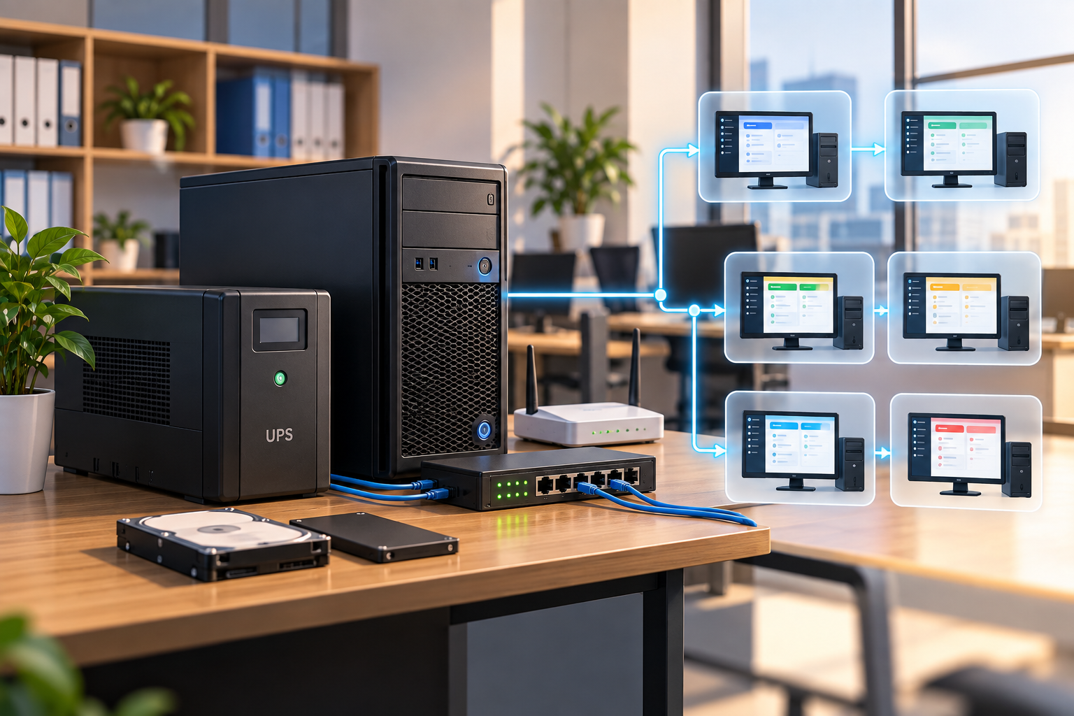 Một hệ thống CRM nội bộ quy mô nhỏ được triển khai bằng máy tính văn phòng, UPS, thiết bị mạng và lưu trữ cơ bản, cho thấy doanh nghiệp có thể vận hành server tại công ty mà không cần đầu tư hạ tầng quá lớn.