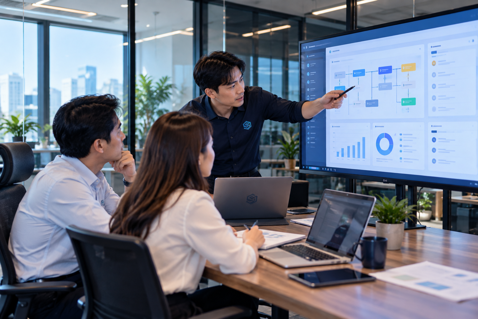 VI: Buổi review phần mềm giữa chuyên gia phát triển và đại diện doanh nghiệp, cùng trực tiếp xem prototype, trao đổi và điều chỉnh giao diện theo từng giai đoạn trước khi hoàn thiện sản phẩm.
