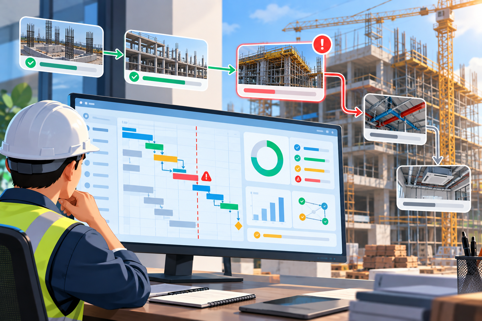 Minh họa tiến độ công trường theo chuỗi công việc phụ thuộc, cho thấy một hạng mục nhỏ bị trễ vẫn có thể chặn các bước MEP và hoàn thiện phía sau dù tỷ lệ hoàn thành tổng thể đang ở mức cao.