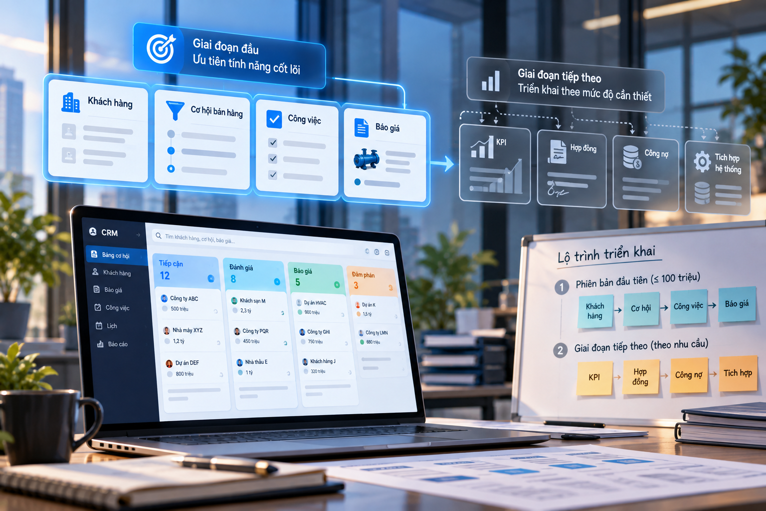 Lộ trình triển khai CRM theo yêu cầu, ưu tiên chức năng cốt lõi trước khi mở rộng KPI, hợp đồng, công nợ và tích hợp.