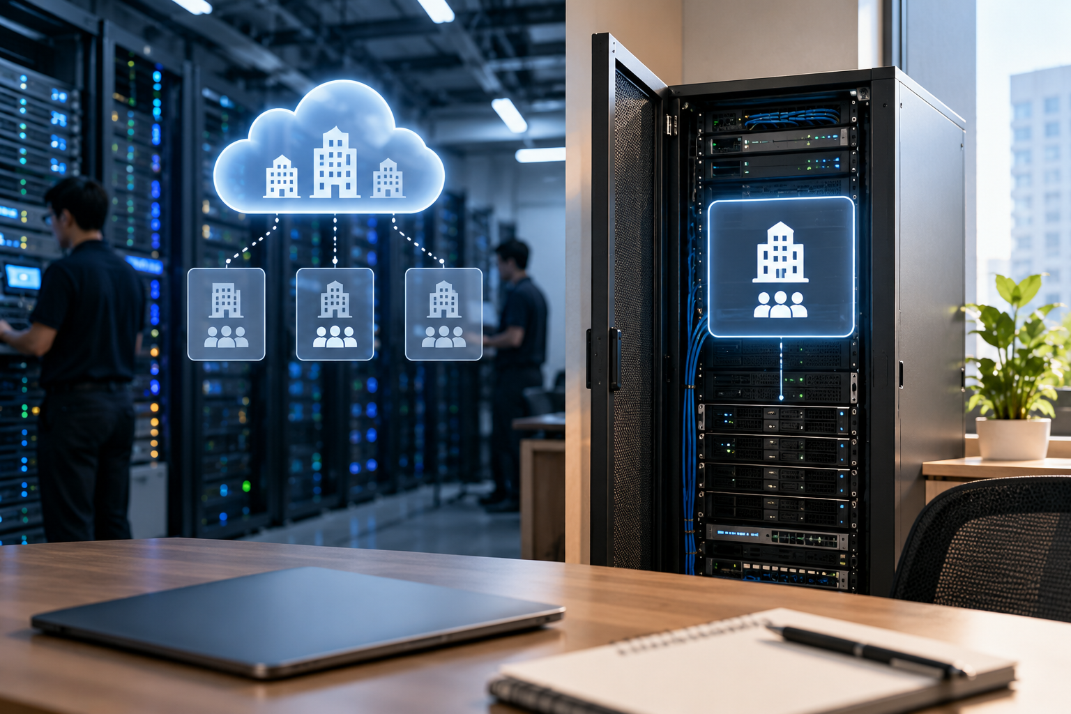 Minh họa sự khác biệt giữa CRM SaaS dùng hạ tầng chung cho nhiều doanh nghiệp và CRM custom với server riêng chỉ phục vụ một công ty.