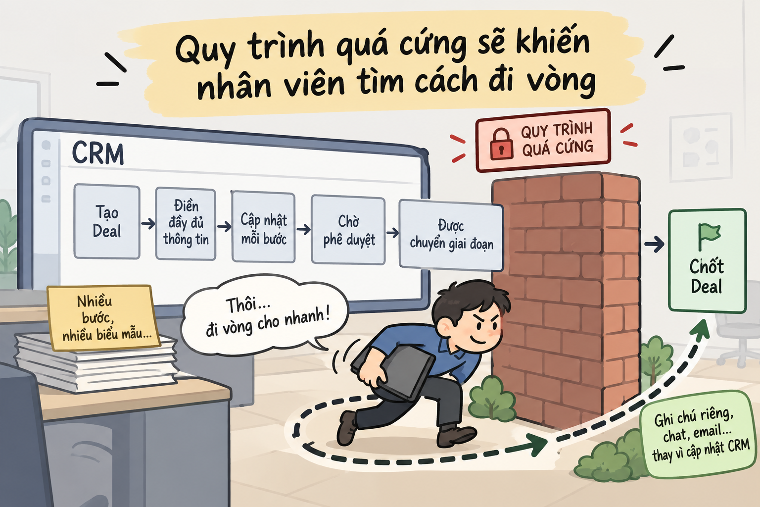 Nhân viên tìm cách đi vòng khi quy trình CRM quá cứng, nhiều bước và thiếu linh hoạt.
