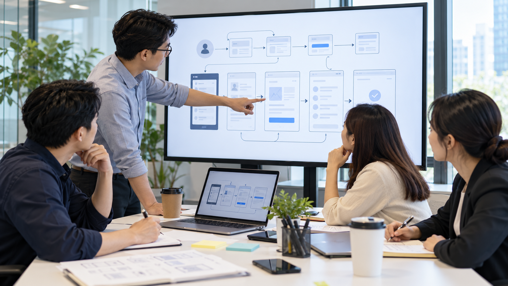 Đội ngũ trao đổi sơ đồ giao diện và luồng thao tác người dùng trước khi phát triển CRM theo yêu cầu.