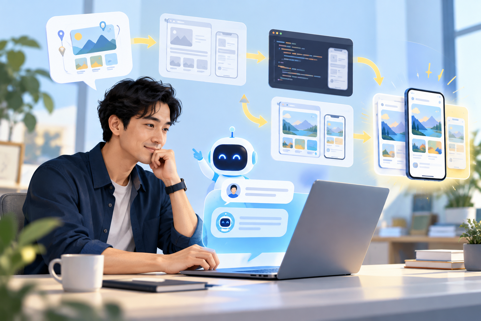 Alt VI: Người dùng mô tả ý tưởng cho trợ lý AI và liên tục tinh chỉnh để tạo giao diện, code và ứng dụng hoàn chỉnh theo phương pháp vibe coding.