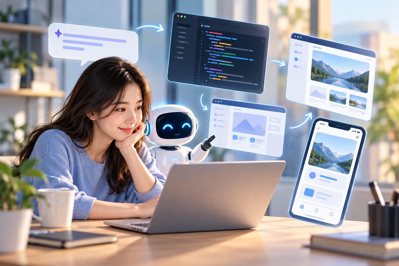 Người dùng làm việc cùng trợ lý AI để biến mô tả ý tưởng thành code, giao diện web và ứng dụng qua quy trình vibe coding.