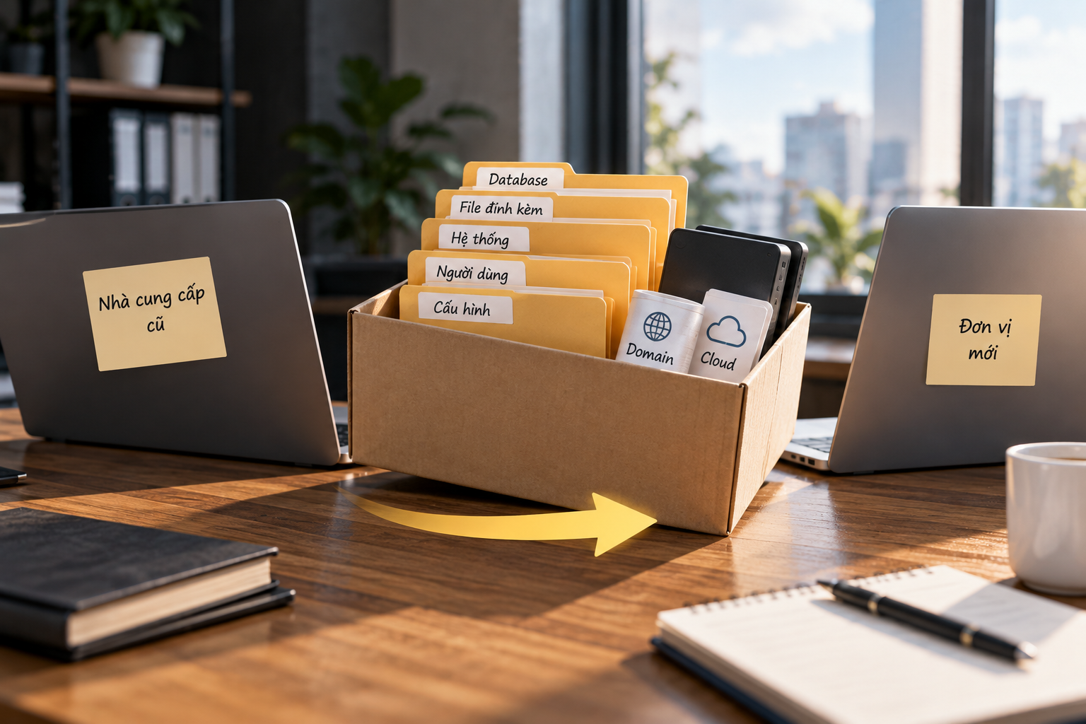 Minh họa việc chuyển CRM sang nhà cung cấp mới, trong đó doanh nghiệp vẫn giữ được database, file, domain, cloud và các cấu hình quan trọng của hệ thống.