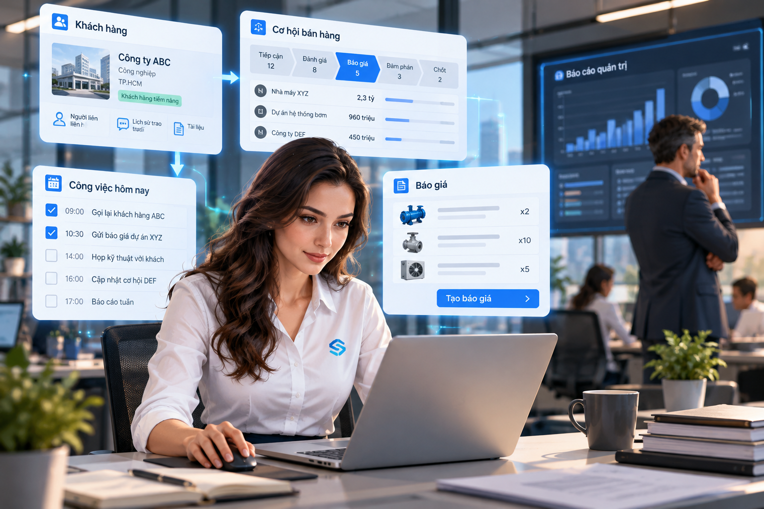CRM theo yêu cầu giúp nhân viên bán hàng xử lý khách hàng, cơ hội, công việc và báo giá nhanh hơn trên một hệ thống.