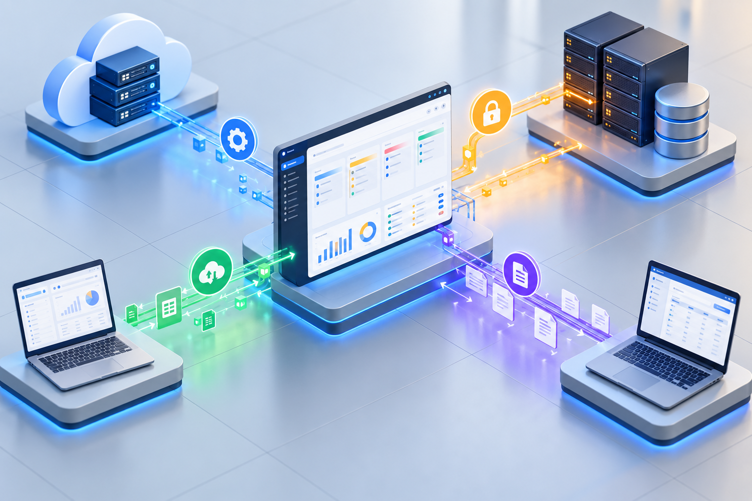 Minh họa CRM kết nối với nhiều hệ thống theo các phương thức khác nhau như API, server nội bộ, cơ sở dữ liệu và trao đổi dữ liệu qua file.