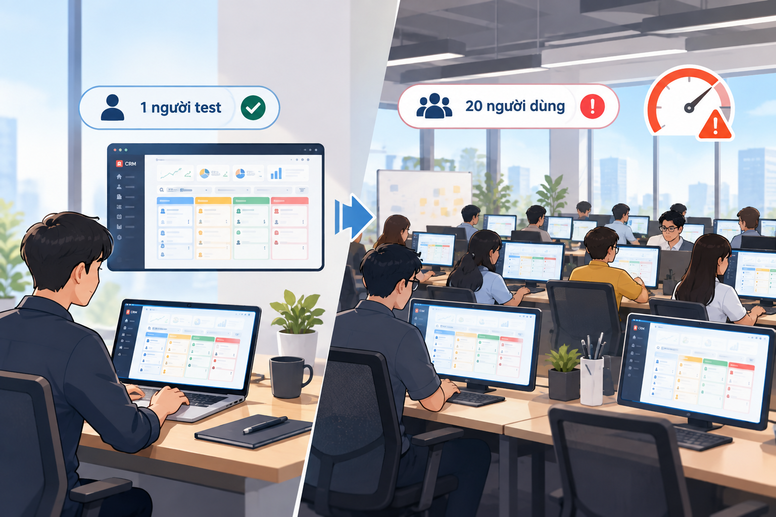Một người test CRM ổn không có nghĩa hệ thống vẫn hoạt động tốt khi 20 người cùng sử dụng.