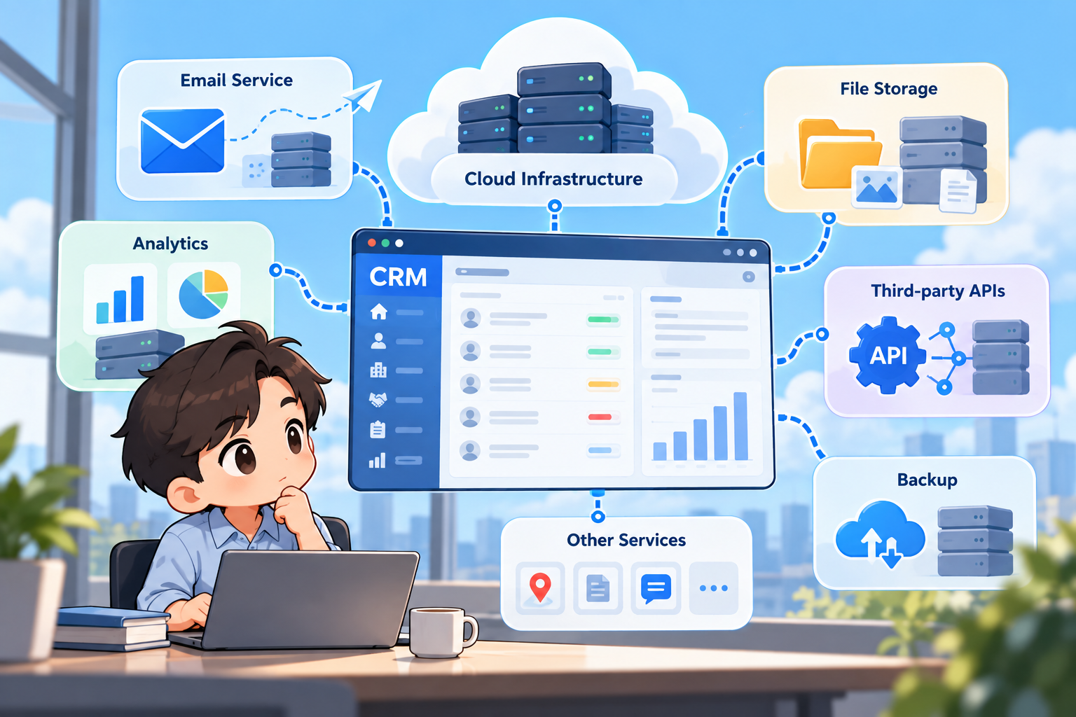Minh họa một hệ thống CRM kết nối với nhiều dịch vụ phía sau như hạ tầng cloud, email, lưu trữ file, analytics, API bên thứ ba và backup, cho thấy dữ liệu có thể phụ thuộc vào nhiều nhà cung cấp khác nhau.