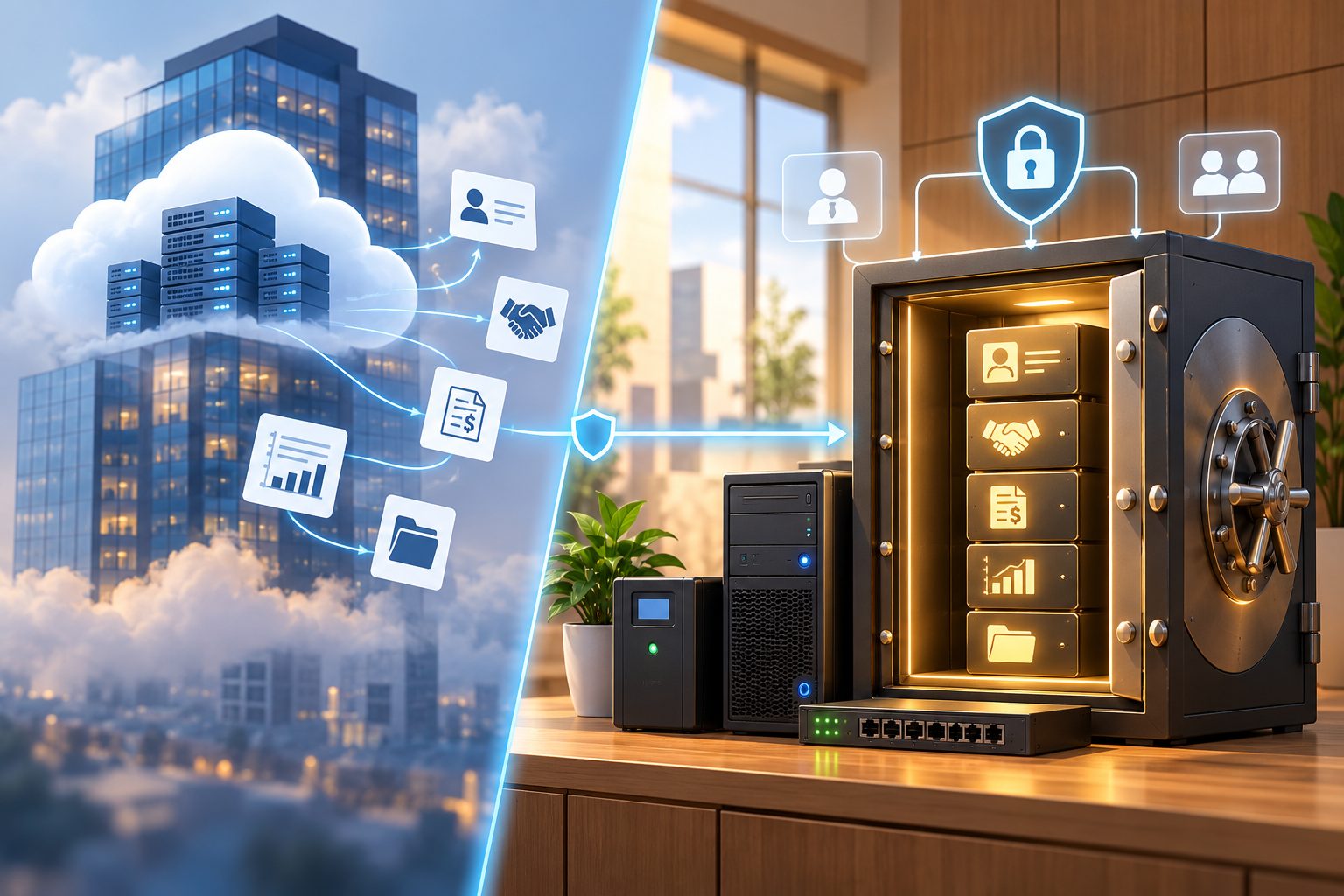 Minh họa quyền sở hữu và kiểm soát dữ liệu CRM, với dữ liệu doanh nghiệp được bảo vệ trong hạ tầng riêng cùng các lớp phân quyền, bảo mật và khả năng phục hồi.