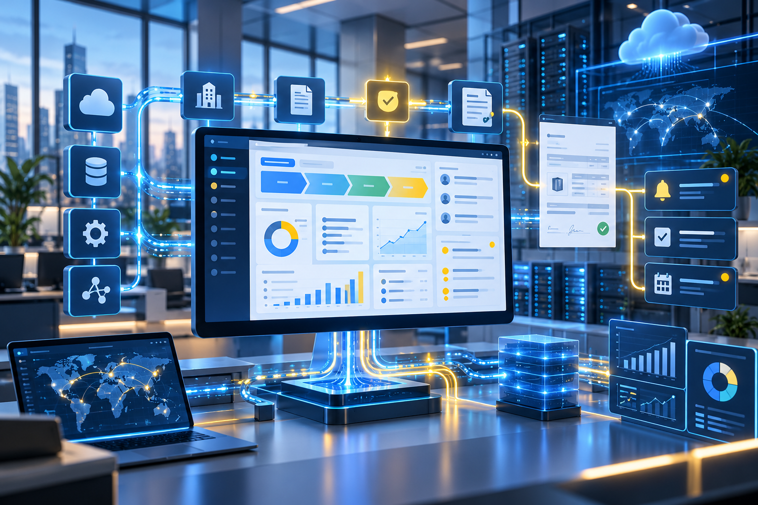 Minh họa hệ thống CRM sau khi Go-live, kết nối dữ liệu, quy trình, thông báo và báo cáo để phản ánh cách doanh nghiệp vận hành trong thực tế.