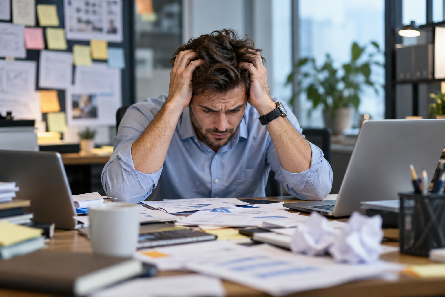 Người đàn ông công sở căng thẳng giữa nhiều tài liệu và lựa chọn, minh họa sự khó khăn khi doanh nghiệp phải quyết định nên xây những chức năng phần mềm nào trước.