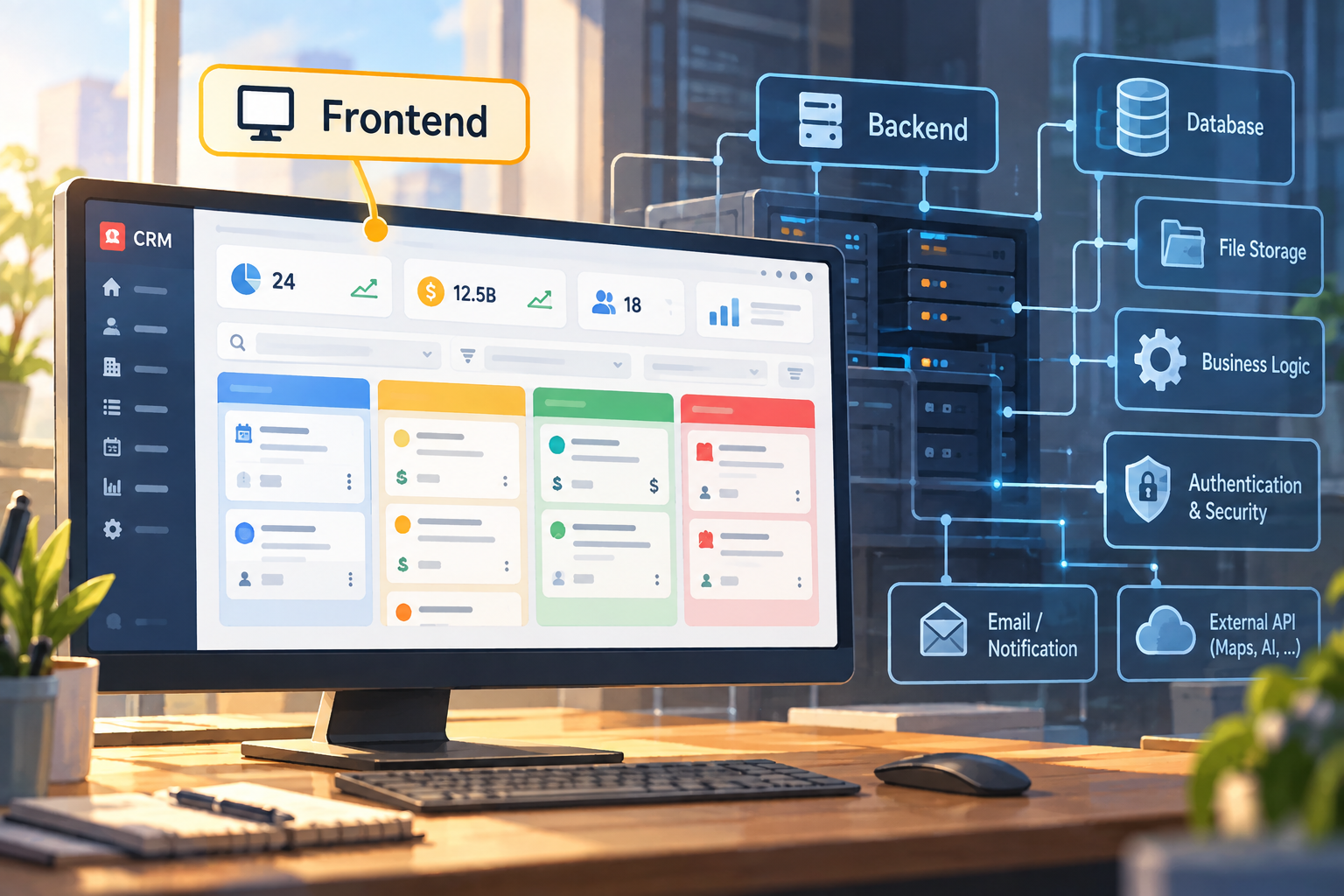 The frontend is the visible part of a CRM, while the backend, database, security, and integrations operate behind the system.