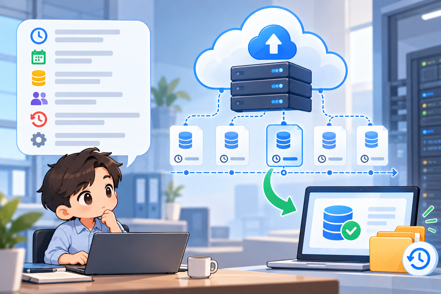 Minh họa quy trình backup và phục hồi dữ liệu CRM theo từng mốc thời gian, giúp doanh nghiệp xác định rõ dữ liệu được sao lưu khi nào, giữ trong bao lâu và có thể khôi phục về phiên bản nào khi xảy ra sự cố.